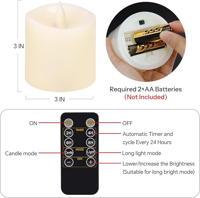 3x3 Flickering Flameless Candles, Real Wax LED Battery Operated Candles, 3 inch Flameless Candles with Remote,for Wedding Holiday Home Decor,Ivory