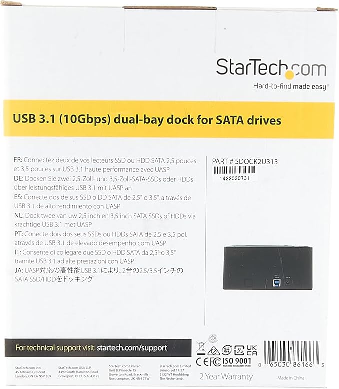 StarTech.com Dual-Bay USB 3.1 to SATA Hard Drive Docking Station, USB 3.1 (10 Gbps), External 2.5/3.5" SATA I/II/III, SSD/HDD Docking Station, Hot-Swap Hard Drive Bay, Top-Loading (SDOCK2U313)