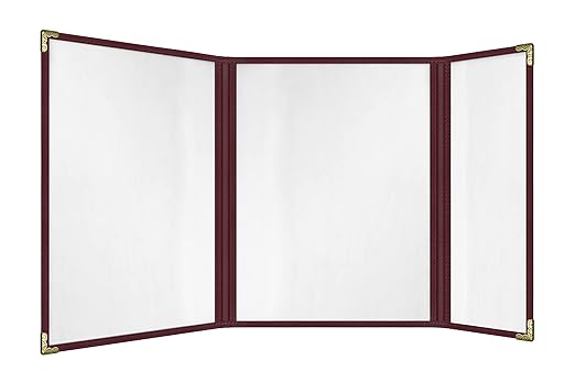Goodsmart Restaurant Menu Covers – 25 Pack Burgundy 6 Views Trifold, Side-Loading Menu Holders, Vinyl & Plastic Café Menu Covers, Clear Menu Sleeves, Fits 8.5" x 11" & 4.25" x 11", Gold Corners