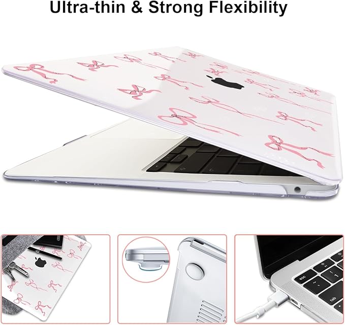 Compatible with 2021 2020 2019 2018 MacBook Air 13 inch Case M1 A2337 A2179 A1932 with Touch ID, Crystal Clear Pattern Plastic Hard Shell Case for MacBook Air 13 M1 2021, Pink Bowknot