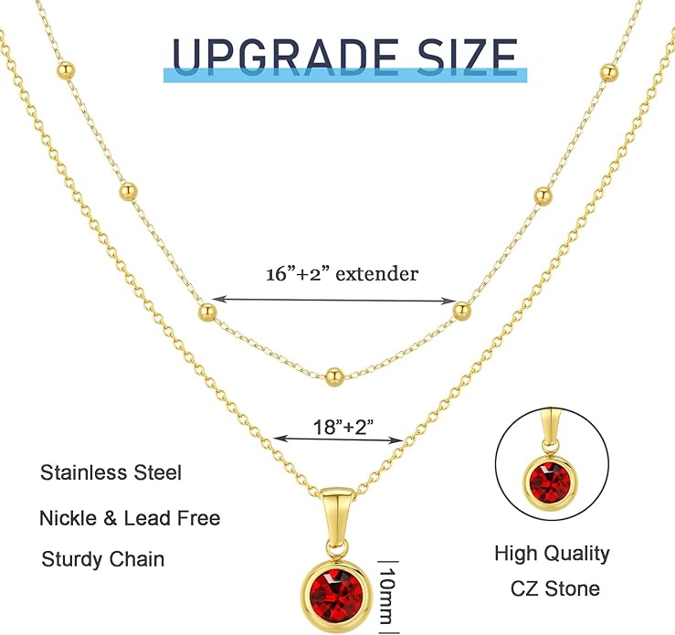 14K Gold-Plated Women's Double-Layer Birthstone Necklace Delicate Round Birthstone Pendant with a Simple Necklace, a Birthday Gift for Women Teenage Girls