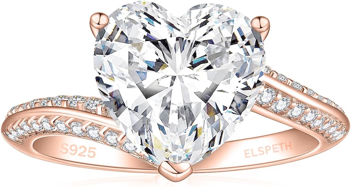 Elspeth 925 Sterling Silver Heart Engagement Ring for Women Heart Cut Cubic Zirconia Promise Ring Size 4-10