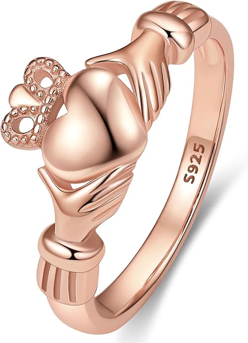 Bestyle 925 Sterling Silver Ring for Women, Minimalist Claddagh Ring Celtic Knot Ring for Women, Irish Promise Wedding Band, Gold/Rose Gold Vermeil Women Band Ring, Stackable, Gift for Her