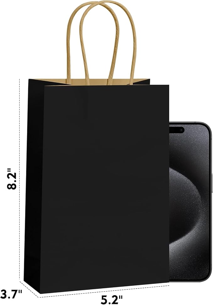 REMTAP Gift Paper Bags 5.9×3.2×8.2 50Pcs Kraft Bags with Handles Bulk Gift Bags for Wedding Party Craft Retail Packaging, Shopping, Party Favor, Retail Bag (Black-S-50pcs, 5.9×3.2×8.2)