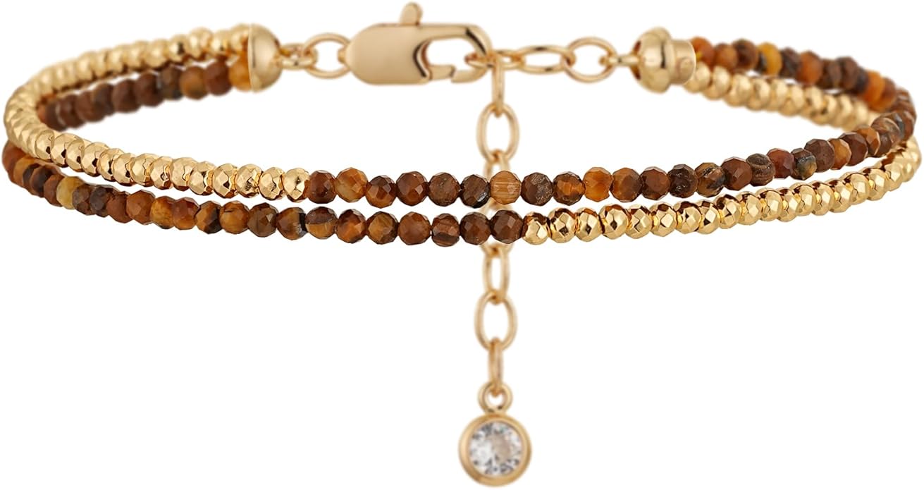 MYEARS Women Beaded Bracelet Gold Double Layer Gemstone 14K Simple Dainty Handmade Chain Everyday Boho Beach Jewelry