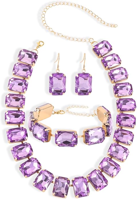 KOSMOS-LI Rectangle Faux Crystal Jewelry Sets Includ Necklace Bracelet Earrings For Women Stocking Stuffers