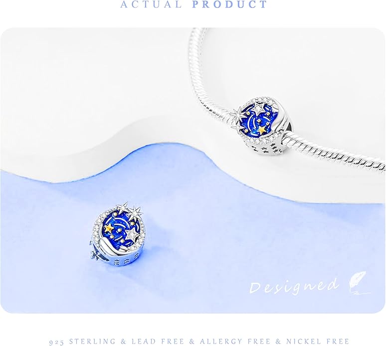 925 Sterling Silver Charms Bead for Bracelets Necklaces, Star Moon Crescent Sun Solar Pendent, Blue Ocean Starfish Shells Turtle Crab Starry Sea Cute Jewelry Birthday Gifts for Women Men