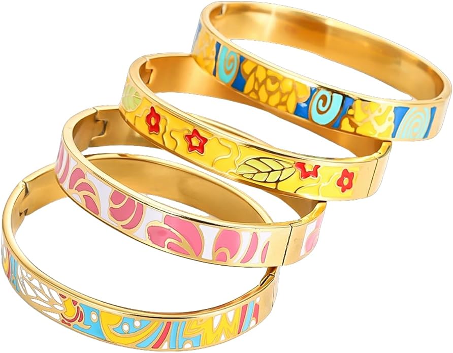 Enamel Bangle Set, 18K Gold Plated Stainless Steel, 4-Piece Bracelet Handcrafted Gorgeous Collection with Abstract and Floral Patterns, 6-7 Inch Wrist Size, Women's Fashion Jewelry