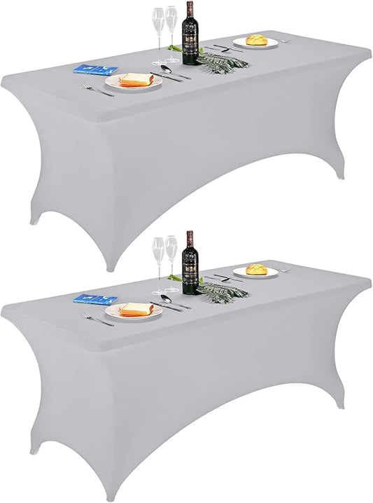 FORLIFE 2Pack Spandex Table Covers，Fitted Tablecloth for Rectangular Tables, Stretch Patio Table Covers, Universal Spandex Table Cover for Wedding, Banquet, Party (6ft, Silver)