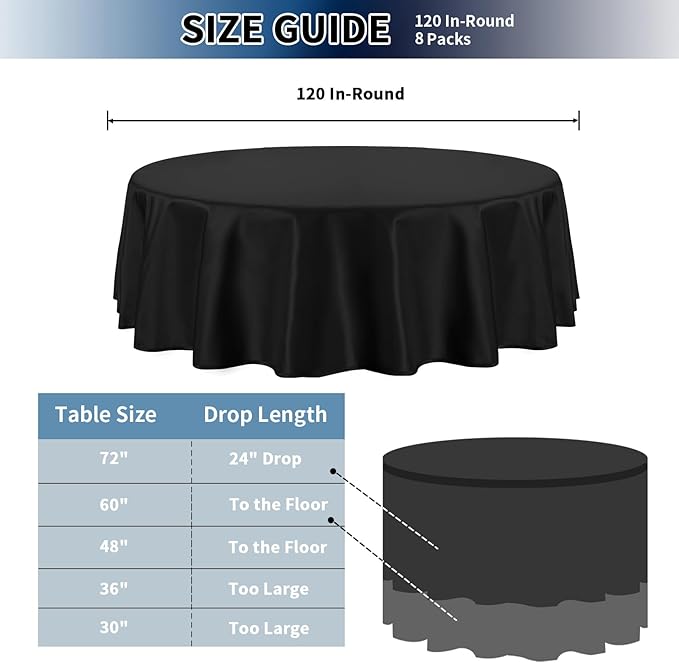 PureFit 8 Pack Round Black Table Cloths 120 Inch for Round Tables, Stain and Wrinkle Resistant Table Linens for Home Use, Wedding, Party, Banquet and Camping
