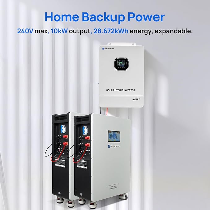 ECO-WORTHY 28.7kWh Home Power Station, 48V 280Ah (2 Pack) LiFePO4 Battery with Communication, 10KW Inverter for Home Backup, Off-Grid, Emergency Solar System