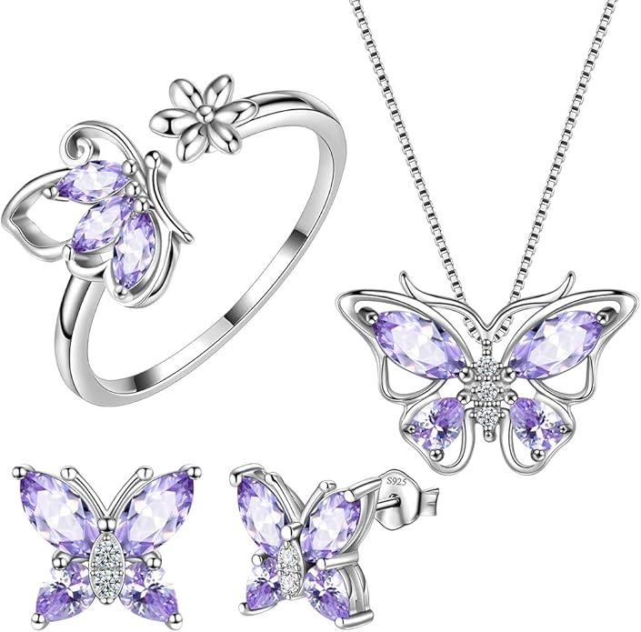 Aurora Tears Butterfly Jewelry,Women 925 Sterling Silver Butterflies Birthstone Pendant Necklace/Earrings/Rings Wedding Gift