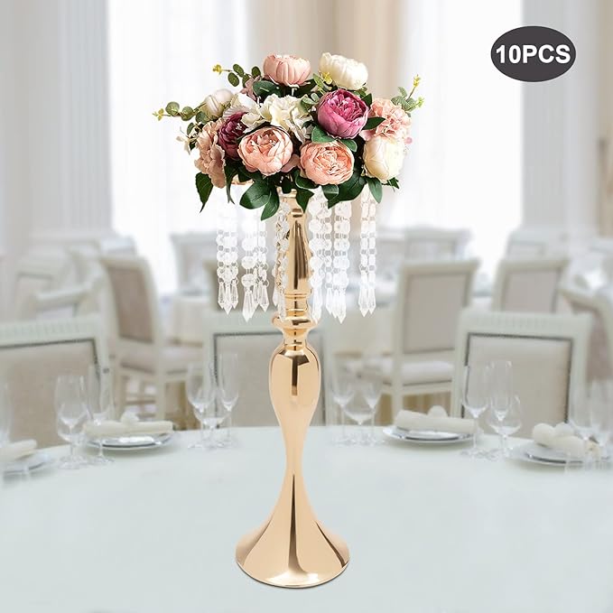 Wedding Centerpieces Gold Vases,10PCS Metal Flower Candle Holder with Sparkling Crystal Beads,Crystal Flower Vase Metal Flowers Stand for Party Tables Decorations (10pcs Gold-Height 21.3)