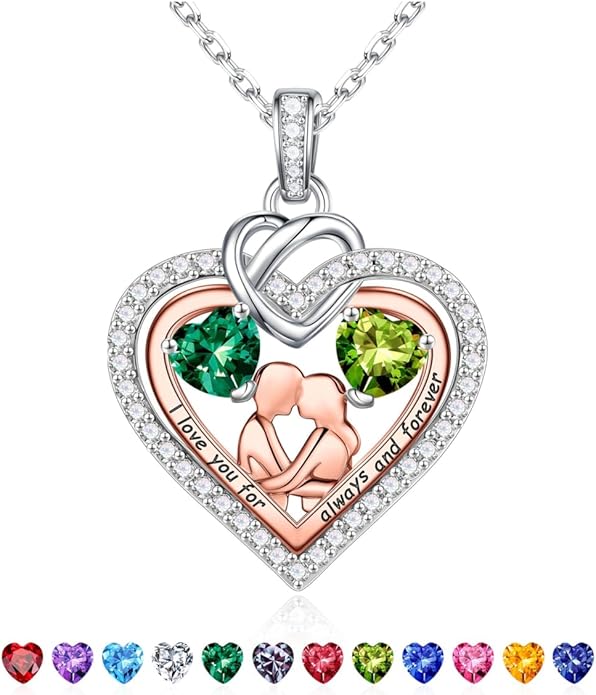 Iefil Valentines Day Gifts for Her - 925 Sterling Silver Double Heart Birthstone Necklace for Women, Anniversary Birthday Gifts for Wife I Love You Gift Couple Sitting Hugging Each Other Jewelry Gift