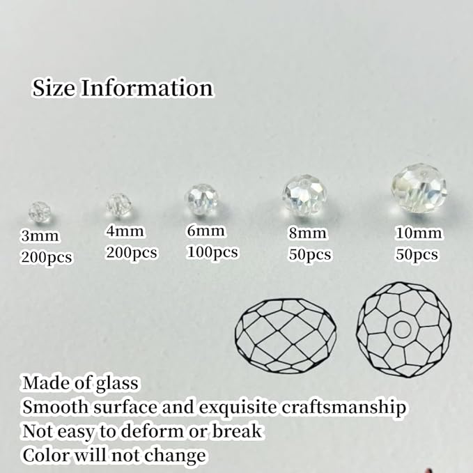 600pcs Crystal Glass Beads 3mm 4mm 6mm 8mm 10mm Rondelle Faceted Crystal Beads Spacer Beads for Necklace Bracelet Earrings DIY Jewelry Crafts Making Supplies(Clear AB)