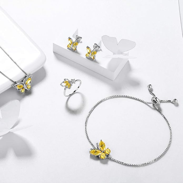 Aurora Tears Butterfly Jewelry,Women 925 Sterling Silver Butterflies Birthstone Pendant Necklace/Earrings/Rings Wedding Gift