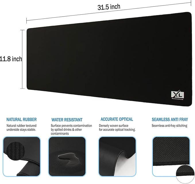 Large Extended Gaming Desk Mousepad (800x300x3mm) - Nonslip Rubber Base and Water Spill Resistant Desktop Keyboard Mouse Mat - Anti-Fray Cloth - Black