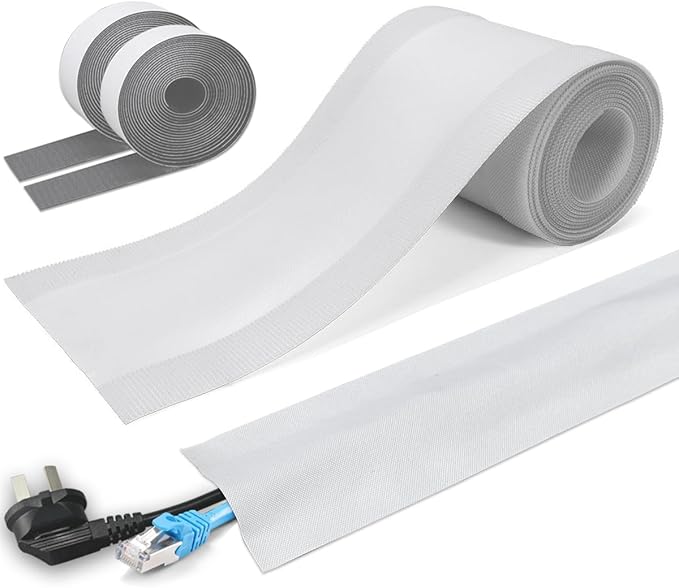 Floor Cable Covers - 10ft Oxford Fabric Cord Protector with Adhesive Hook & Loop,Waterproof Wire Storage Sleeve for Any Floor Surface,Durable Cable Management to Prevent Tripping Hazards (White, 10ft)