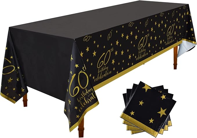 Gatherfun 60th Birthday Disposable Tablecloth 4 Pack Gold and Black Waterproof Plastic Table Cover for Men Woman 60 Birthday Party Decorations
