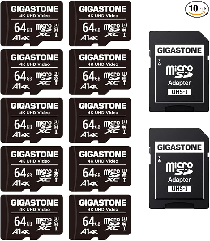 GIGASTONE 64GB Micro SD Card 10-Pack, A1 V30 4K Video Recording, Surveillance Security Cam Action Camera Drone Professional, 90MB/s Micro SDXC UHS-I Class 10