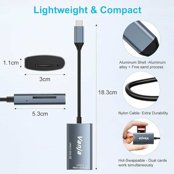 Vanja USB C SD 4.0 Card Reader, UHS-II Camera Memory Card Reader - SD, SDXC, SDHC, MMC, RS-MMC, Micro SD, Micro SDXC, Micro SDHC, UHS-II & I Cards Adapter