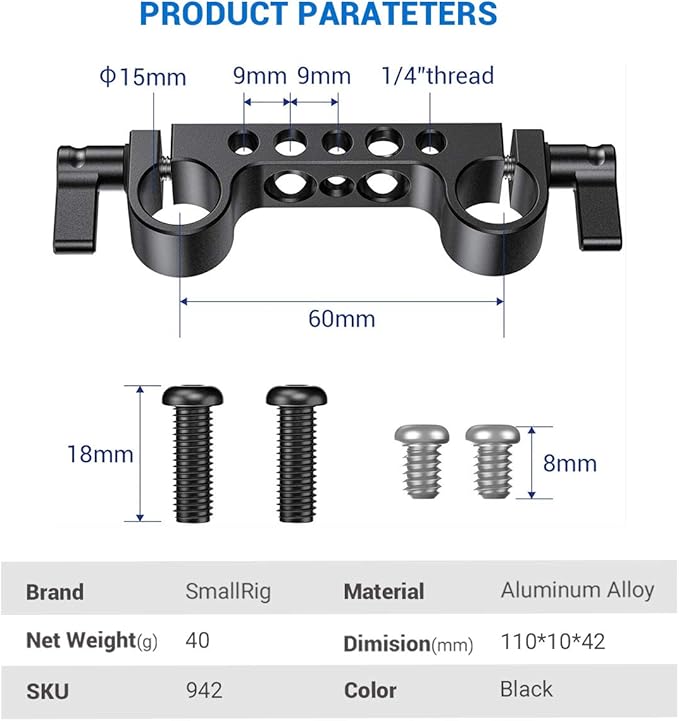 SmallRig Super Lightweight Railblock, 15mm Rod Clamp with 1/4"-20 Thread for Sony, Canon and Other DSLR Camera Rig Shoulder Support System - 942