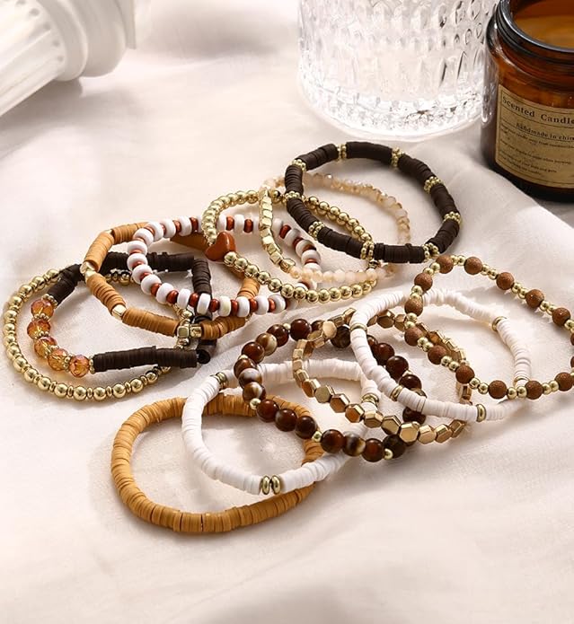 iF YOU 13pcs Heishi Clay Beaded Stretch Bracelets for Women, Boho Gold Surfer Stackable Bracelet Stacks White Brown Black Beach Jewelry