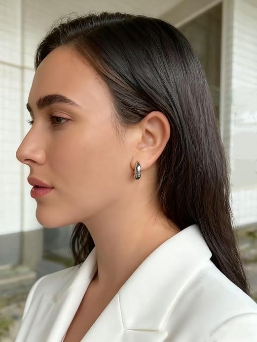Chunky Small Hoop Earrings for Women 14mm/16mm/19mm Stainless Steel Huggie Earrings Everyday Jewelry Gift for Wife Mom, with Gift Box
