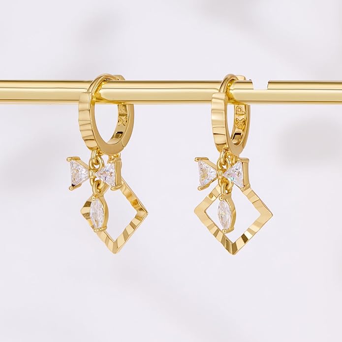 14K Gold Hoop Earrings for Women, 8mm Inner Diameter Huggie Hoops with Heart & Bow CZ Drop, Cubic Zirconia Elegant Dangle Earring, Hypoallergenic Dainty Jewelry, Aretes De Oro Para Mujer 14k