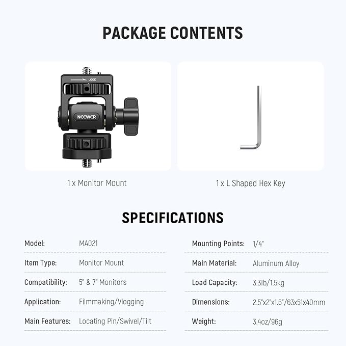 NEEWER Field Monitor Mount Monitor Holder with 1/4" Screw, 360° Swivel, 180° Tilt, Anti Twist Screw Compatible with Atomos Ninja 5" & 7" Camera Monitor Compatible with SmallRig Camera Cage, MA021