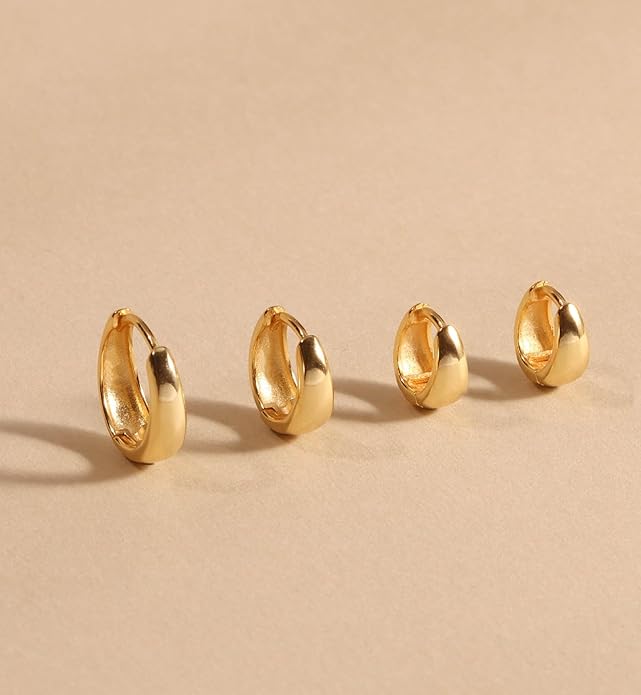 CHESKY 4 Pairs Small Huggie Hoop Earrings for Women - Chunky 14K Gold Plated/Silver Plated Lightweight Earring Stacks Cartilage Hoop Earrings Set for Multiple Piercing Trendy Jewelry