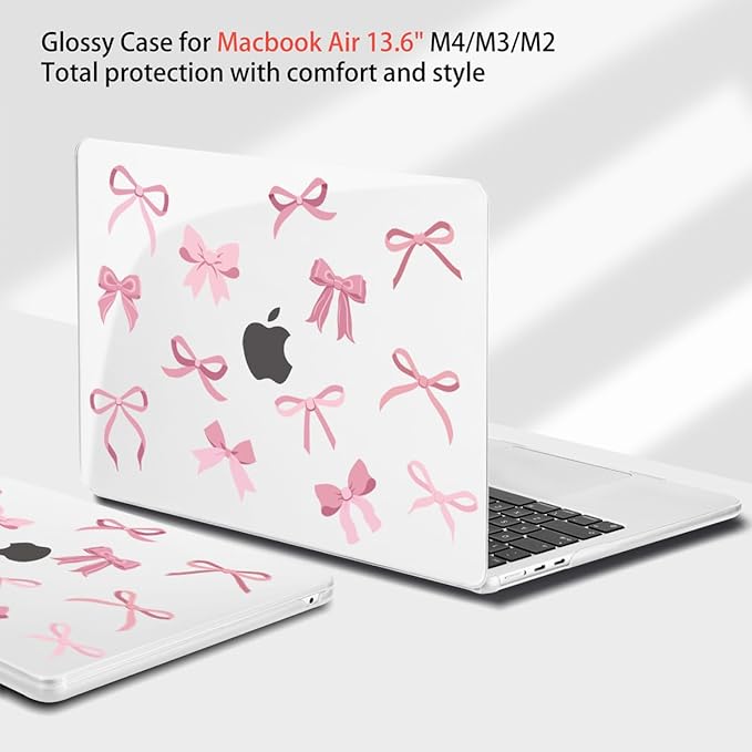 Teryeefi Case for MacBook Air 13.6 inch M4 M3 M2 2025 2024 2023 2022 Released Model A3240 A3113 A2681, Design Protective Hard Shell Cover for MacBook Air M3 M2 13 inch, Cute Pink Bows