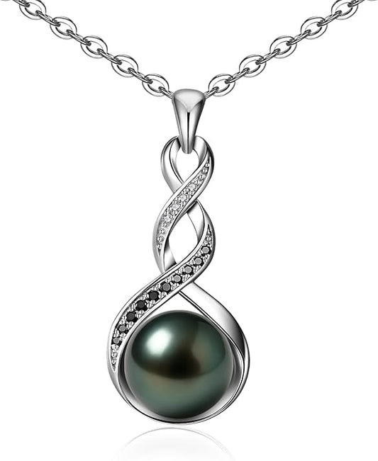 Genuine Tahitian Black Pearl Necklaces for Women, 9-12mm AAAA Seawater Pearl - Sterling Silver Moissanite Pendant, Wedding Anniversary, Birthday, Christmas Gift for Wife, Mom, Girlfriend, Fine Jewelry