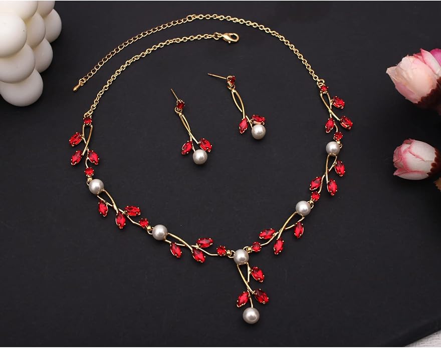 Luxury Cubic Zirconia Aurtrian Crystal Pearl Floral Necklace Dangle Earrings Wedding Bridal Jewelry Set Birthday Gifts for Her