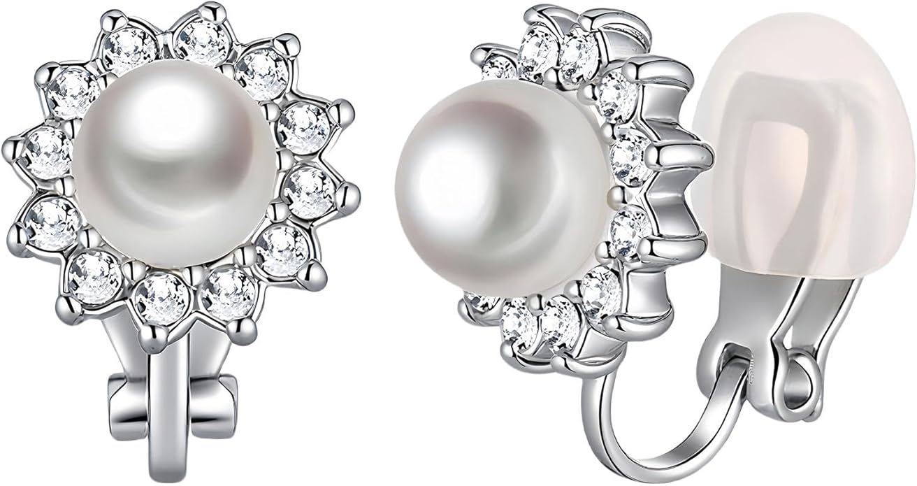 EVEVIC Austrian Crystal Pearl Clip On Earrings for Women Non Pierced Earings 14K Gold Plated Hypoallergenic Jewelry