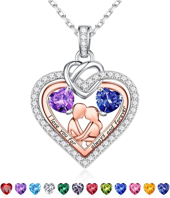 Iefil Valentines Day Gifts for Her - 925 Sterling Silver Double Heart Birthstone Necklace for Women, Anniversary Birthday Gifts for Wife I Love You Gift Couple Sitting Hugging Each Other Jewelry Gift