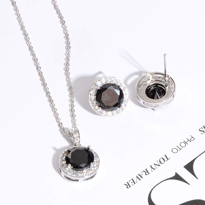 Bridal Crystal Jewelry Set - Sterling Silver Round Cubic Zirconia CZ Rhinestone Halo Birthstone Pendant Necklace Stud Earrings Set for Wedding Bride Bridesmaids Birthday Gift