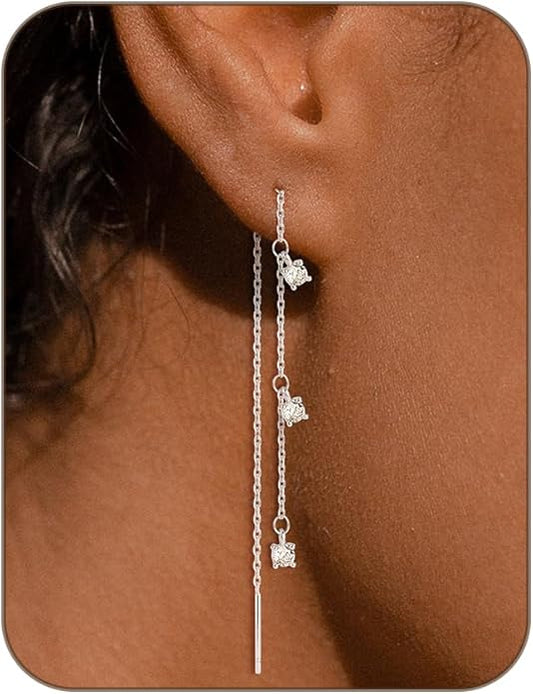 Gold Silver Dangle Earrings for Women Trendy 14K Gold Plated Drop Long Threader Chain Dangling Earring Hypoallergenic Pearl Butterfly Flower Clover CZ Wedding Earrings for Brides Jewelry Gifts