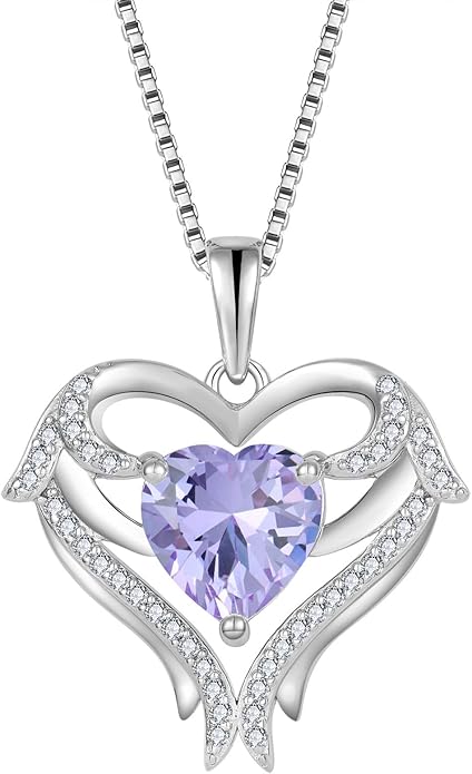 FJ Heart Angel Wings Pendant Necklace 925 Sterling Silver Birthstone Jewelry Gifts for Women