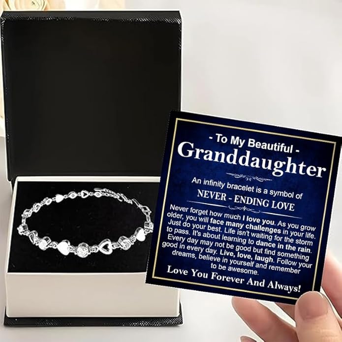 To My Granddaughter Bracelet from Grandma and Grandpa, Heart Chain Bracelet with Shiny Stones, Perfect Birthday or Graduation Christmas Gift for Granddaughter with Message Card and Gift Box