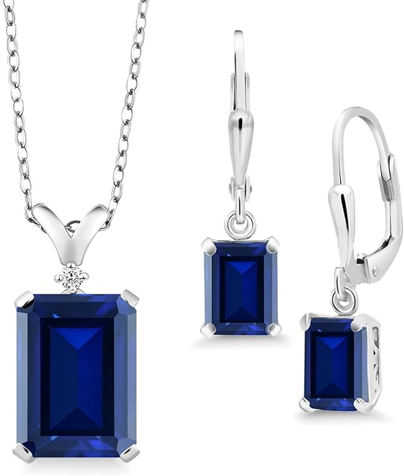 Gem Stone King 9-13 Cttw Pendant and Earrings Jewelry Set For Women | Emerald Cut 14X10MM and 8X6MM | Round 1.5MM | Gemstone Birthstone and Diamond | 925 Sterling Silver | 18 Inch Silver Chain