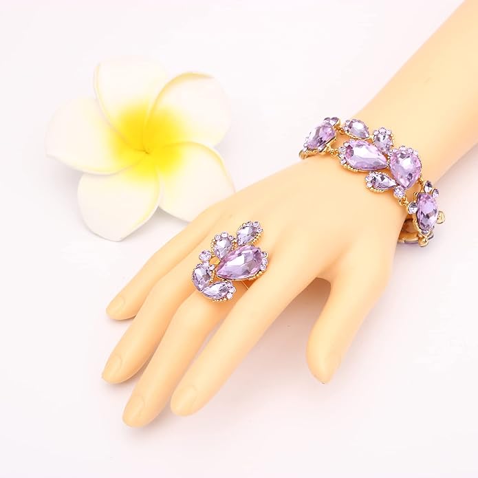 Women's Wedding Bridal Austrian Crystal Glass Teardrop Statement Necklace Dangle Earrings Bracelet Ring Wedding Party Jewelry Set for Bridal Bridesmaid