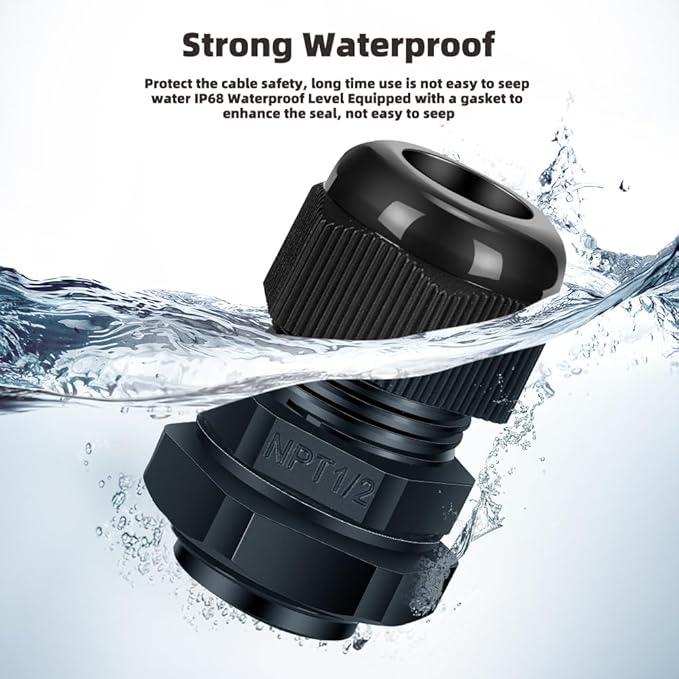 Cable Gland 12 Pack 1/2" NPT Waterproof Adjustable Connector Strain Relief Cord Connectors Joints Nylon with Gaskets…