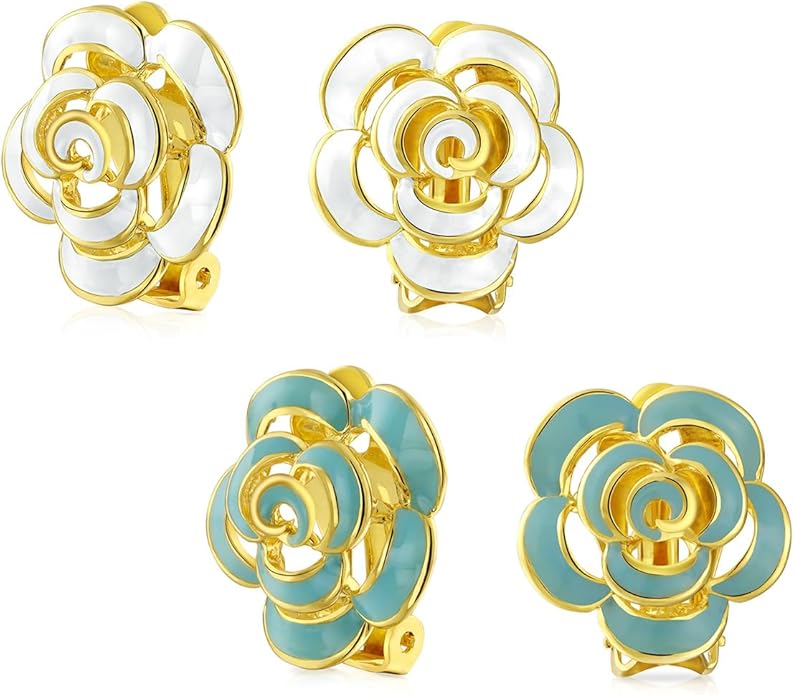 Pink Red Enamel Flower Crystal Edge Spring Retro Floral Rose Clip On Earrings For Women Non Pierced Ears 14K Gold Plated