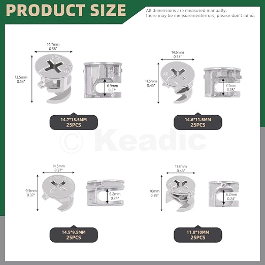 Keadic 100 Pcs 4 Sizes Cam Locks for Furniture, 3-in-1 Eccentric Wheels, Furniture Cam Lock Nuts Furniture Connecting Cam Lock Fittings Assortment Kit for Wardrobe Drawer Closets Bed