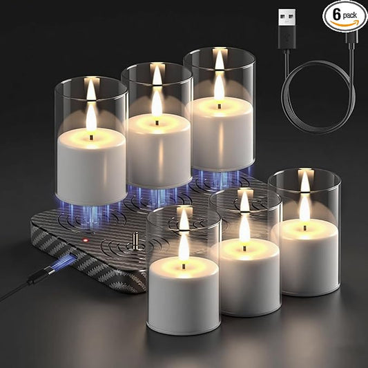 GenSwin Rechargeable Votive Candles Battery Operated, 6 Pack LED Candles with Charging Base, Acrylic Shell Tea Lights with 6H Timer for Halloween Decorations(Clear)