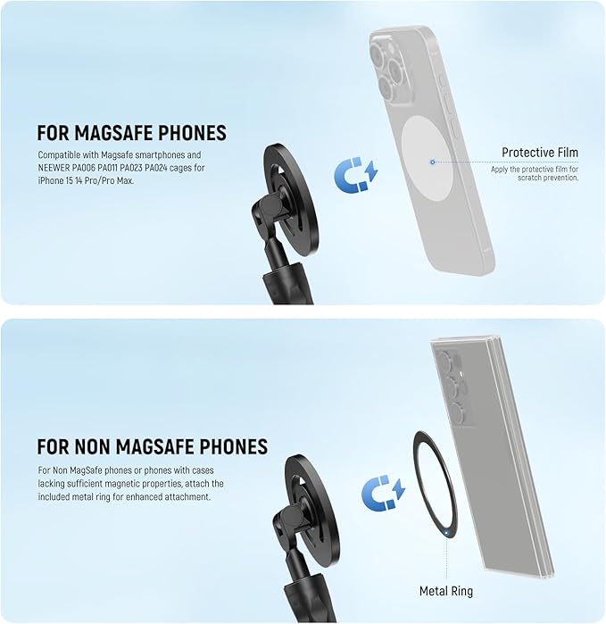 Neewer Magnetic Flexible Phone Holder with 1/4 Screw Adapter, Mini Bendable Tripod Stand Selfie Stick Compatible with MagSafe iPhone Samsung Android Cellphones for Handlebar/Treadmill/Stroller, GP-19