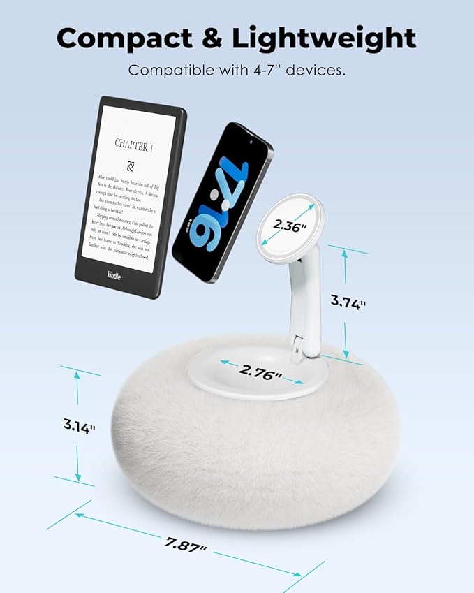 Viozon Phone Holder for Bed, Magnetic Pillow Stand, Compatible with 4-7" Phone/Kindle with Small Storage, Removable Suction Base for Stability, Idea for Kindle Reading and Video Watching On Bed,White