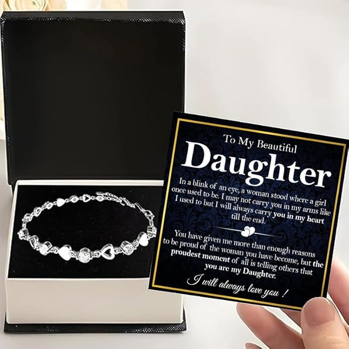 To My Daughter Bracelet, Silver Heart Chain Bracelet with Shiny Stones, Perfect Birthday or Graduation Christmas Gift for Daughter with Message Card and Gift Box
