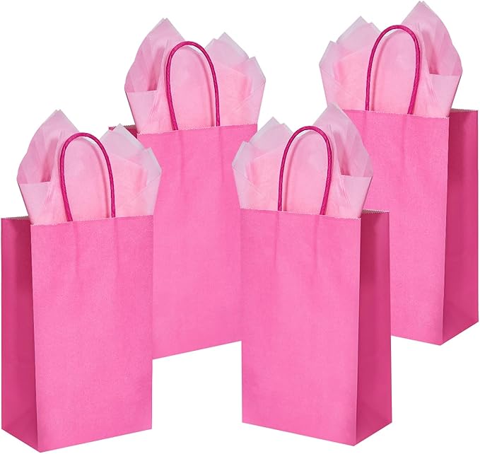 DjinnGlory 100 Pack Small Hot Pink Paper Gift Bags with Handles 9x5.5x3.15 Inch for Small Business, Weddings, Bridal Showers, Themed Birthday Party Goodies Favors